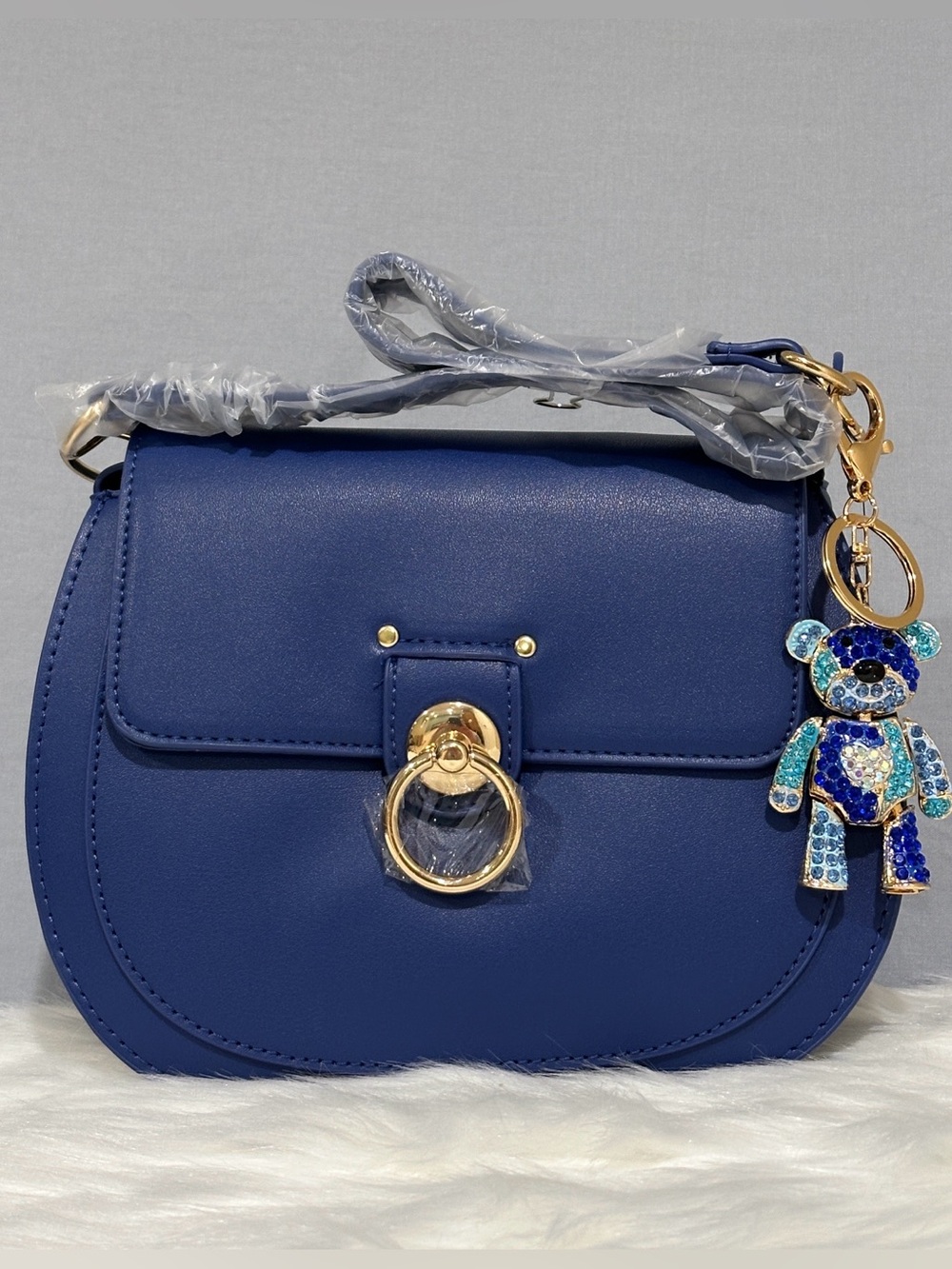 Badgley Mischka Saddle Bag Shoulder Crossbody in Navy Blue w Removable Charm NWT